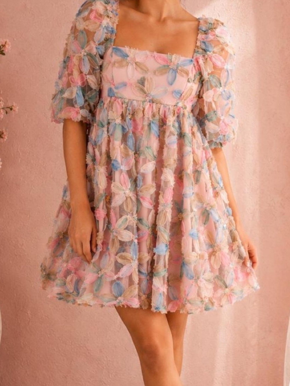 Storia | Stacy Sequin Puff-Sleeve Pastel Floral Appliqué Babydoll Dress | S